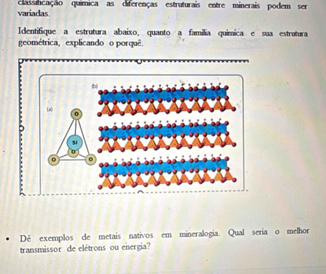 classicação química as diferenças estruturais entre minerais podem ser 
variadas. 
Identifique a estrutura abaixo, quanto a familia química e sua estrutura 
geométrica, explicando o porquê. 
Dê exemplos de metais nativos em mineralogia. Qual seria o melhor 
transmissor de elétrons ou energia?