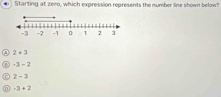 Starting at zero, which expression represents the number line shown below?
a 2+3
B -3-2
2-3
-3+2