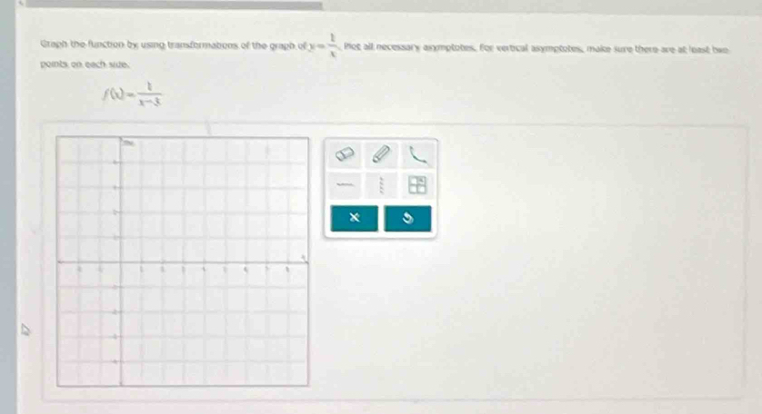 Graph the function by using transformatons of the graph of y= 1/x  Piog all necessary asymptotes. for vertical asymptotes, make sure there are at least two 
points, on each side.
f(x)= 1/x-3 
x