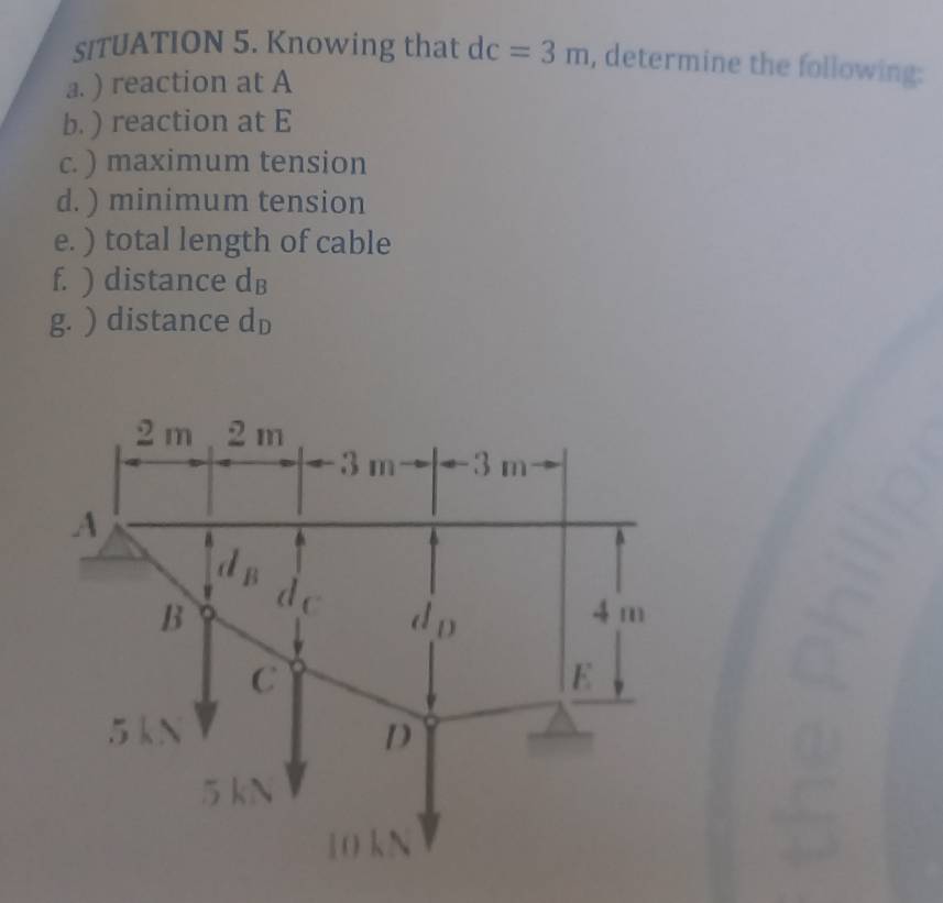 sITUATION 5. Knowing that dc=3m , determine the following:
a. ) reaction at A
b. ) reaction at E
c. ) maximum tension
d. ) minimum tension
e. ) total length of cable
f. ) distance d_B
g. ) distance d_D