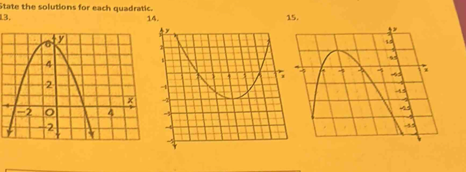 State the solutions for each quadratic. 
13. 14. 15.