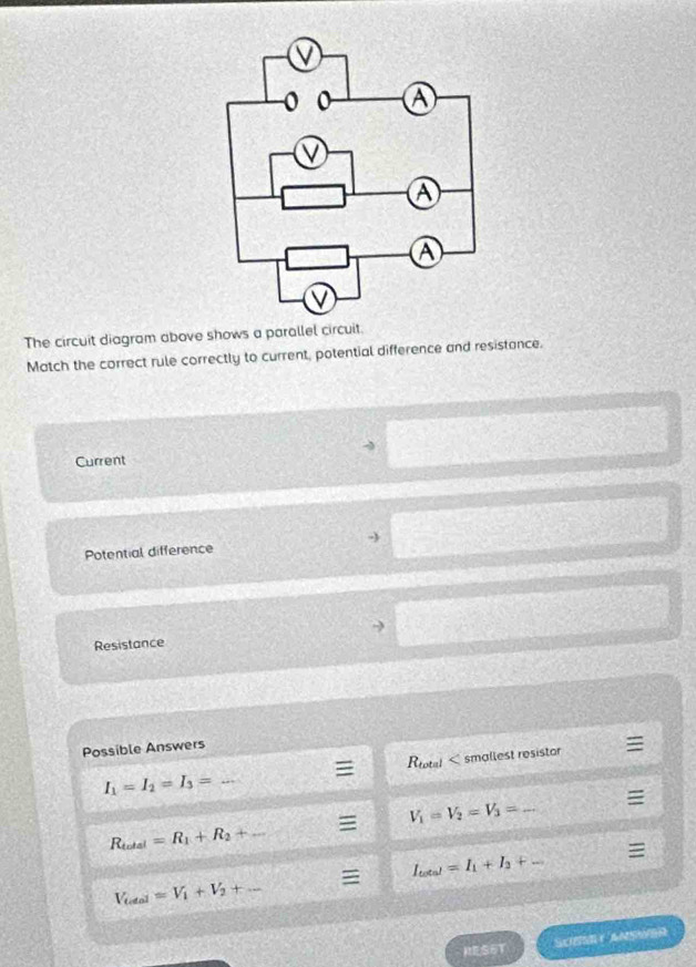 The circuit diagram above shows a parallel circuit. 
Match the correct rule correctly to current, potential difference and resistance. 
→ 
Current 
Potential difference -) 
9 
Resistance 
Possible Answers
I_1=I_2=I_3= _Rtotel < smallest resistor
R_total=R_1+R_2+ _ = V_1=V_2=V_3= _
I_total=I_1+I_2+ _ 

V_total=V_1+V_2+ _ 
RESST SCET ANSWER