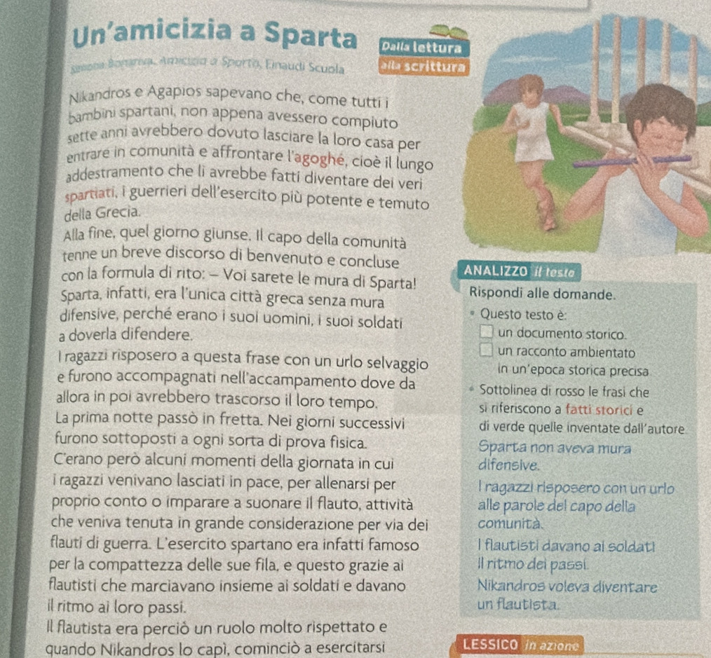 Un’amicizia a Sparta Dalla lettu
Sinsona Bonariva, Amicnd a Sporto, Einaudi Scuola alla scrittu
Nikandros e Agapios sapevano che, come tutti i
bambini spartani, non appena avessero compiuto
sette anni avrebbero dovuto lasciare la loro casa per
entrare in comunità e affrontare l'agoghé, cioè il lungo
addestramento che li avrebbe fatti diventare dei veri
spartiati, i guerrieri dell'esercito più potente e temuto
della Grecia.
Alla fine, quel giorno giunse. Il capo della comunità
tenne un breve discorso di benvenuto e concluse 
con la formula di rito: - Voi sarete le mura di Sparta! Rispondi alle domande.
Sparta, infatti, era l’unica città greca senza mura
Questo testo è:
difensive, perché erano i suoi uomini, i suoi soldati
a doverla difendere.
un documento storico.
un racconto ambientato
I ragazzi risposero a questa frase con un urlo selvaggio in un'epoca storica precisa
e furono accompagnati nell’accampamento dove da Sottolinea di rosso le frasi che
allora in poi avrebbero trascorso il loro tempo. si riferiscono a fatti storici e
La prima notte passò in fretta. Nei giorni successivi di verde quelle inventate dall’autore
furono sottoposti a ogni sorta di prova fìsica. Sparta non aveva mura
C'erano però alcuni momenti della giornata in cui difensive.
i ragazzi venivano lasciati in pace, per allenarsi per l ragazzi risposero con un urlo
proprio conto o imparare a suonare il flauto, attività alle parole del capo delia
che veniva tenuta in grande considerazione per via dei comunità.
flauti di guerra. L'esercito spartano era infatti famoso I flautisti davano ai soldat!
per la compattezza delle sue fila, e questo grazie ai Il ritmo dei passi.
flautisti che marciavano insieme ai soldati e davano Nikandros voleva diventare
il ritmo ai loro passi.
un flautista.
Il flautista era perció un ruolo molto rispettato e
quando Nikandros lo capí, cominció a esercitarsi LESSICO in azione