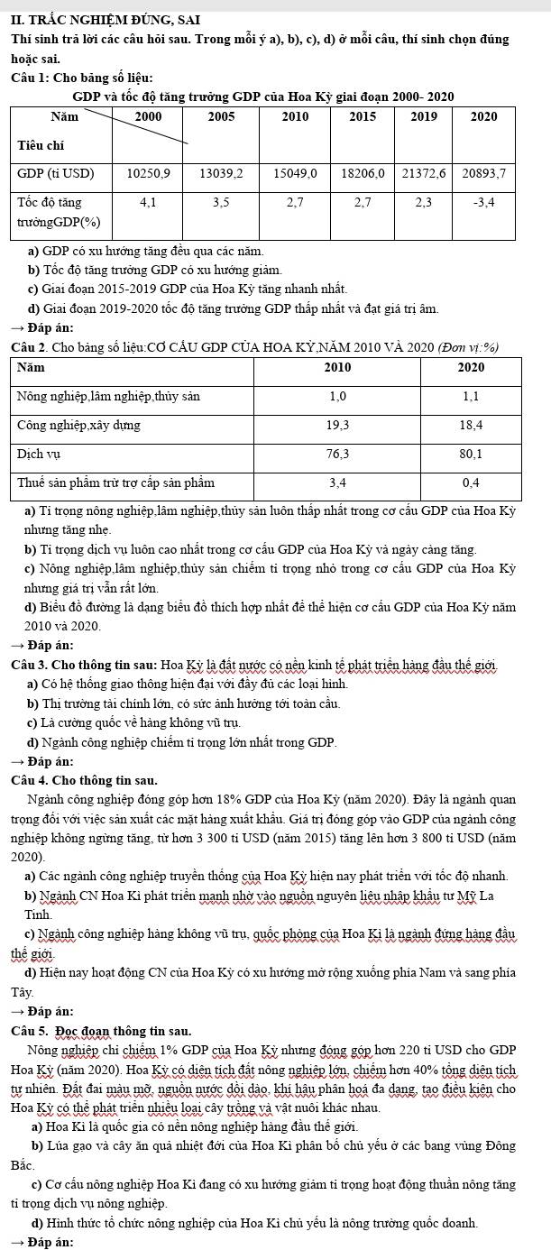 TRÁC NGHIỆM ĐÚNG, SAI
Thí sinh trả lời các câu hỏi sau. Trong mỗi ý a), b), c), d) 0 ở mỗi câu, thí sinh chọn đúng
hoặc sai.
Câu 1: Cho bảng số liệu:
a) GDP có xu hướng tăng đều qua các năm.
b) Tốc độ tăng trưởng GDP có xu hướng giảm.
c) Giai đoạn 2015-2019 GDP của Hoa Kỳ tăng nhanh nhất.
d) Giai đoạn 2019-2020 tốc độ tăng trưởng GDP thấp nhất và đạt giá trị âm.
→ Đáp án:
a) Ti trọng nông nghiệp,lâm nghiệp,thủy sản luôn thấp nhất trong cơ cấu GDP của Hoa Kỳ
nhưng tăng nhẹ.
b) Ti trọng dịch vụ luôn cao nhất trong cơ cẩu GDP của Hoa Kỳ và ngày cảng tăng
c) Nông nghiệp,lâm nghiệp,thủy sản chiếm ti trọng nhỏ trong cơ cấu GDP của Hoa Kỳ
nhưng giá trị vẫn rắt lớn.
d) Biểu đồ đường là dạng biểu đồ thích hợp nhất đề thể hiện cơ cấu GDP của Hoa Kỳ năm
2010 và 2020
→ Đáp án:
Câu 3. Cho thông tin sau: Hoa Kỳ là đất nước có nền kinh tế phát triển hàng đầu thể giới
a) Có hệ thống giao thông hiện đại với đầy đủ các loại hình.
b) Thị trường tài chính lớn, có sức ảnh hưởng tới toàn cầu.
c) Là cường quốc về hàng không vũ trụ.
d) Ngành công nghiệp chiếm ti trọng lớn nhất trong GDP.
→ Đáp án:
Câu 4. Cho thông tin sau.
Ngành công nghiệp đóng góp hơn 18% GDP của Hoa Kỳ (năm 2020). Đây là ngành quan
trong đối với việc sản xuất các mặt hàng xuất khẩu. Giá trị đóng góp vào GDP của ngành công
nghiệp không ngừng tăng, từ hơn 3 300 ti USD (năm 2015) tăng lên hơn 3 800 ti USD (năm
2020).
a) Các ngành công nghiệp truyền thống của Hoa Kỳ hiện nay phát triển với tốc độ nhanh.
b) Ngành CN Hoa Kì phát triển mạnh nhờ vào nguồn nguyên liệu nhập khẩu tư Mỹ La
Tinh.
c) Ngành công nghiệp hàng không vũ tru, quốc phòng của Hoa Ki là ngành đứng hàng đầu
thể giới
d) Hiện nay hoạt động CN của Hoa Kỳ có xu hướng mở rộng xuống phía Nam và sang phía
Tây
→ Đáp án:
Câu 5. Đọc đoạn thông tin sau.
Nông nghiệp chi chiếm 1% GDP của Hoa Kỳ nhưng đóng góp hơn 220 ti USD cho GDP
Hoa Kỳ (năm 2020). Hoa Kỳ có diện tích đất nông nghiệp lớn, chiếm hơn 40% tổng diện tích
tự nhiên. Đật đai màu mỡ, nguồn nước dội dào, khi hậu phân hoá đa dang, tạo điều kiện cho
Hoa Kỳ có thể phát triển nhiều loại cây trồng và vật nuôi khác nhau
a) Hoa Kì là quốc gia có nền nông nghiệp hàng đầu thể giới.
b) Lúa gạo và cây ăn quả nhiệt đới của Hoa Ki phân bố chủ yếu ở các bang vùng Đông
Bắc.
c) Cơ cấu nông nghiệp Hoa Kỉ đang có xu hướng giảm tỉ trọng hoạt động thuần nông tăng
tỉ trọng dịch vụ nông nghiệp.
d) Hình thức tổ chức nông nghiệp của Hoa Kì chủ yếu là nông trường quốc doanh.
→ Đáp án: