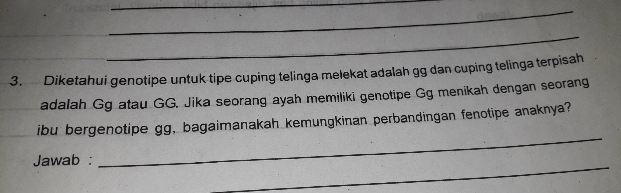 Diketahui genotipe untuk tipe cuping telinga melekat adalah gg dan cuping telinga terpisah 
adalah Gg atau GG. Jika seorang ayah memiliki genotipe Gg menikah dengan seorang 
_ 
ibu bergenotipe gg, bagaimanakah kemungkinan perbandingan fenotipe anaknya? 
_ 
Jawab :