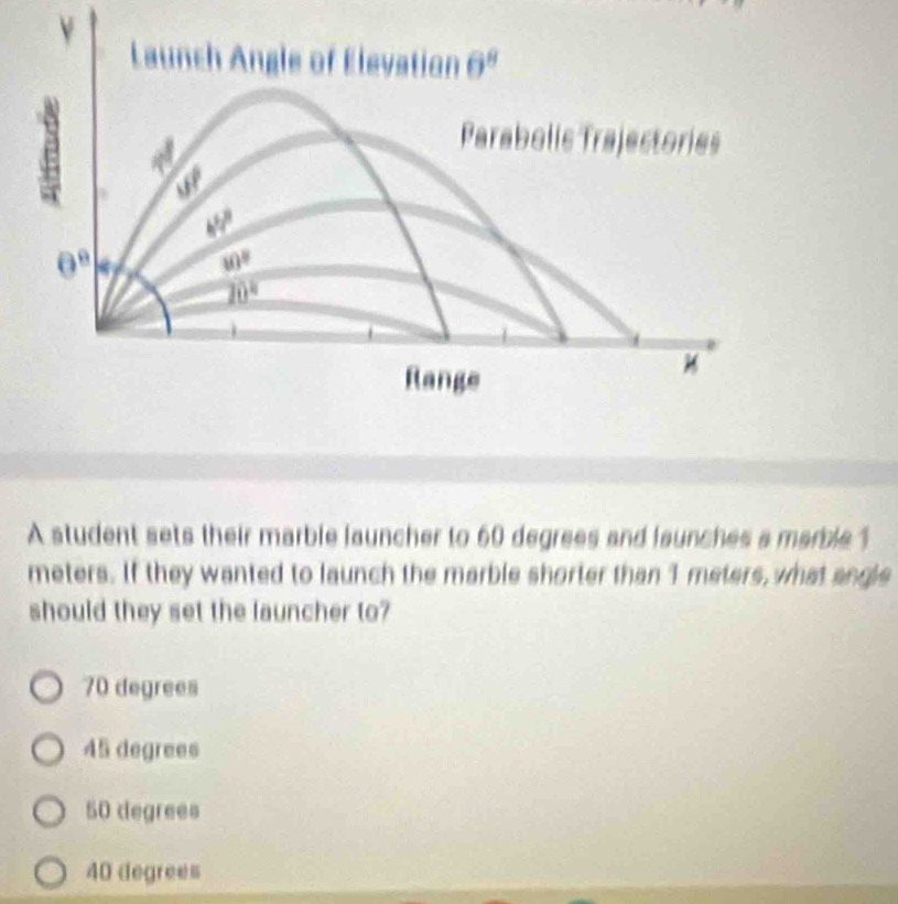 Launch Angle of Elevation θ^8
a a
Parabolic Trajectories
5°
w^2
θ^8
30°
70°
Range
A student sets their marble launcher to 60 degrees and launches a marble 1
meters. If they wanted to launch the marble shorter than 1 meters, what angle
should they set the launcher to?
70 degrees
45 degrees
50 degrees
40 degrees