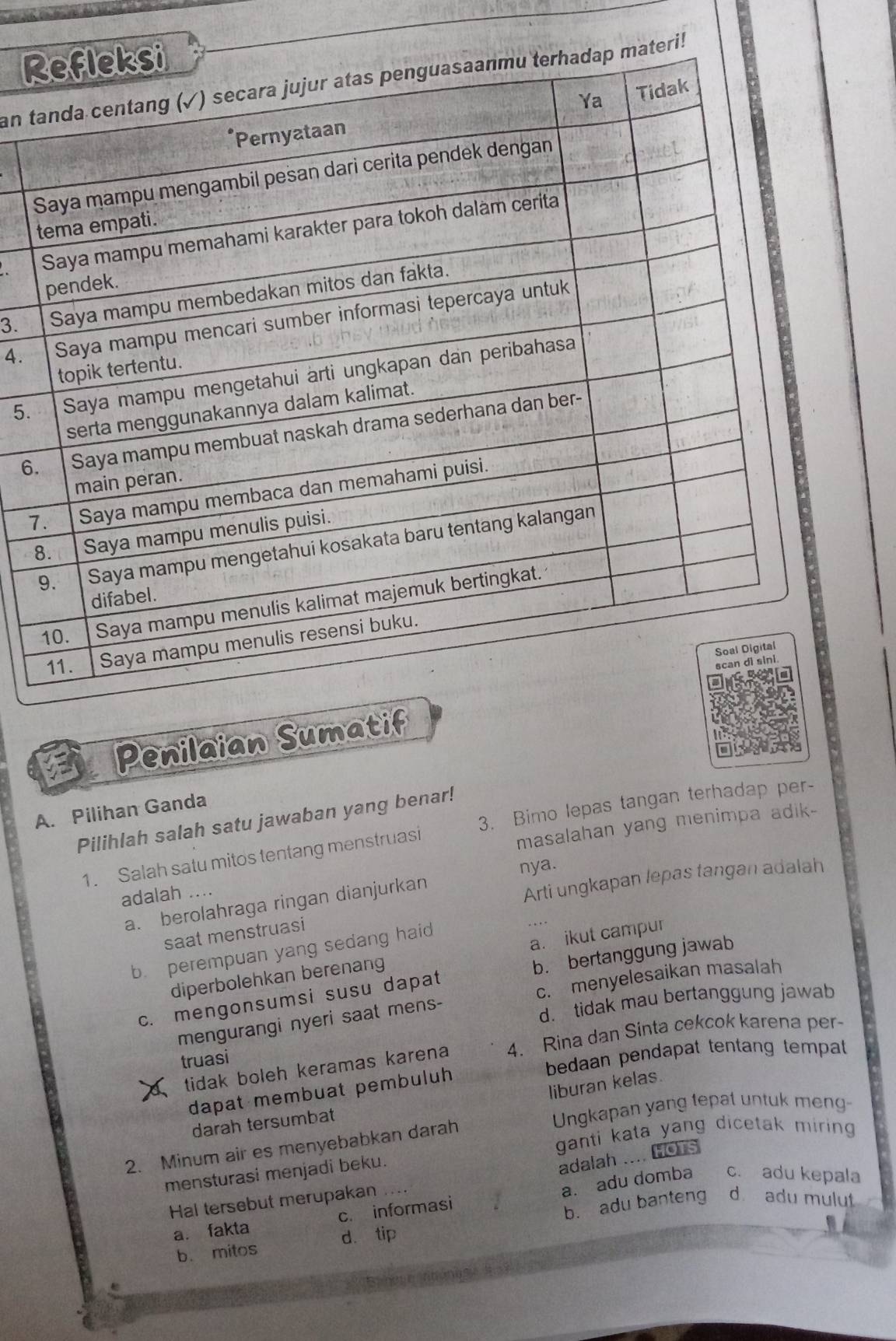 an t
3. 
4.
5.
6.
7
Penilaian Sumatif
A. Pilihan Ganda
Pilihlah salah satu jawaban yang benar!
masalahan yang menimpa adik-
1. Salah satu mitos tentang menstruasi 3. Bimo lepas tangan terhadap per-
nya.
adalah ....
a. berolahraga ringan dianjurkan
Arti ungkapan lepas tangan adalah
saat menstruasi
b. perempuan yang sedang haid
diperbolehkan berenang a. ikut campur
c. mengonsumsi susu dapat b. bertanggung jawab
mengurangi nyeri saat mens- c. menyelesaikan masalah
d. tidak mau bertanggung jawab
tidak boleh keramas karena 4. Rina dan Sinta cekcok karena per-
truasi
bedaan pendapat tentang tempat 
liburan kelas.
dapat membuat pembuluh
darah tersumbat
Ungkapan yang tepat untuk meng-
ganti kata yang dicetak miring 
2. Minum air es menyebabkan darah
mensturasi menjadi beku.
adalah .... HOTs
Hal tersebut merupakan
a. adu domba c. adu kepala
a. fakta c. informasi
b. mitos d. tip b. adu banteng
d adu mulut