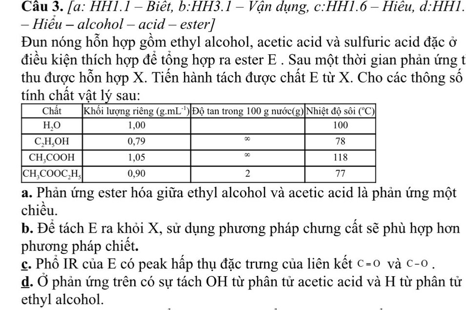 [a: HH1.1 - Biêt, b:HH3.1 - Vận dụng, c:HH1.6 - Hiêu, d:HH1.
- Hiểu - alcohol - acid - ester]
Đun nóng hỗn hợp gồm ethyl alcohol, acetic acid và sulfuric acid đặc ở
điều kiện thích hợp để tổng hợp ra ester E . Sau một thời gian phản ứng t
thu được hỗn hợp X. Tiến hành tách được chất E từ X. Cho các thông số
tính chất vật lý sau:
a. Phản ứng ester hóa giữa ethyl alcohol và acetic acid là phản ứng một
chiều.
b. Để tách E ra khỏi X, sử dụng phương pháp chưng cất sẽ phù hợp hơn
phương pháp chiết.
c. Phổ IR của E có peak hấp thụ đặc trưng của liên kết C=0 và C-O.
d. Ở phản ứng trên có sự tách OH từ phân tử acetic acid và H từ phân tử
ethyl alcohol.