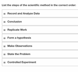 List the steps of the scientific method in the correct order:
Record and Analyze Data
Conclusion
Replicate Work
Form a hypothesis
Make Observations
State the Problem
Controlled Experiment