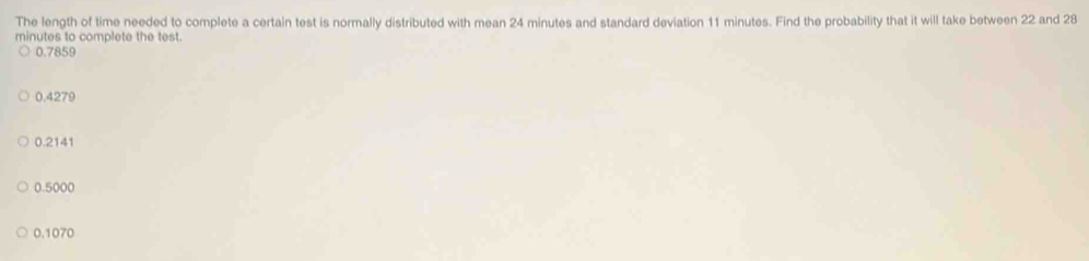 The length of time needed to complete a certain test is normally distributed with mean 24 minutes and standard deviation 11 minutes. Find the probability that it will take between 22 and 28
minutes to complete the test.
0.7859
0.4279
0.2141
0.5000
0.1070