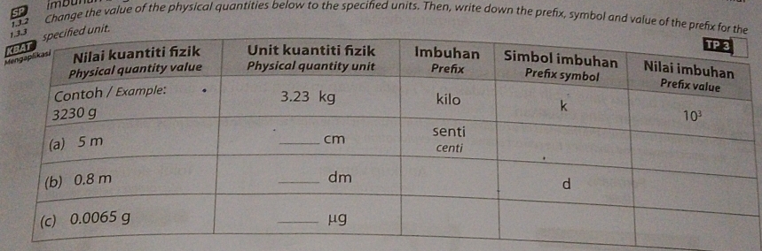 Change the value of the physical quantities below to the specified units. Then, write down the prefix, symbol and value of the prefix for
1
K
Me