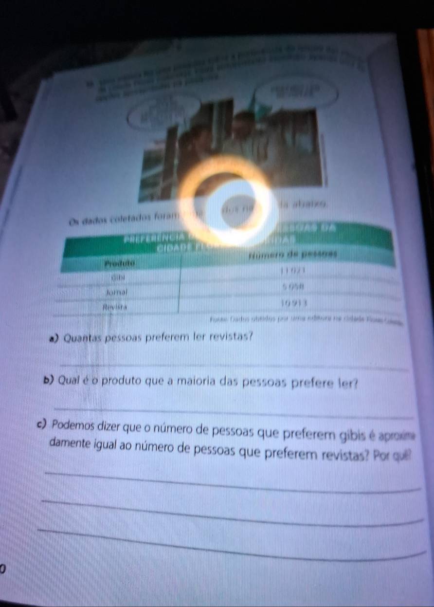 os coletados foram 1 x 1 La abanes. 
• Quantas pessoas preferem ler revistas? 
_ 
Qual é o produto que a maioria das pessoas prefere ler? 
_ 
) Podemos dizer que o número de pessoas que preferem gibis é apro 
_ 
damente igual ao número de pessoas que preferem revistas? Por qu 
_ 
_ 
0