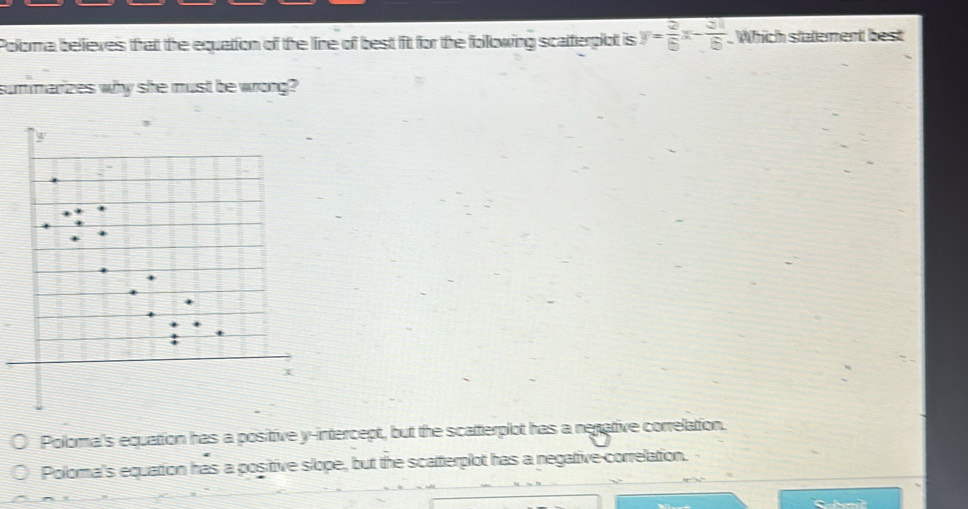 Polorma beliexes that the equation of the line of best fit for the following scatterplot is y= 2/6 x- 21/6  Which statement best
summarizes why she must be wrong?
Polorma's equation has a positive y-intercept, but the scatterplot has a negative correlation.
Polorma's equation has a positive slope, but the scatterplot has a negative correlation.