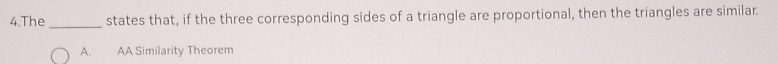 The _states that, if the three corresponding sides of a triangle are proportional, then the triangles are similar.
A. AA Similarity Theorem