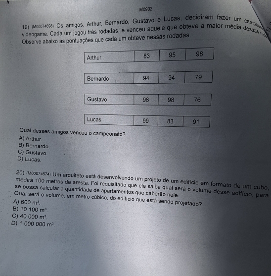 M0902
19) (M00074698) Os amigos. Arthur, Bernardo, Gustavo e Lucas, decidiram fazer um campeor 
videogame. Cada um jogou três rodadas, e venceu aquele que obteve a maior média dessas rg
Observe abaixo as pontuações que cada um obteve nessas rodadas.
Bernardo 94 94 79
Gustavo 96 98 76
Lucas 99 83 91
Qual desses amigos venceu o campeonato?
A) Arthur.
B) Bernardo.
C) Gustavo.
D) Lucas.
20) (M00074674) Um arquiteto está desenvolvendo um projeto de um edifício em formato de um cubo,
medirá 100 metros de aresta. Foi requisitado que ele saiba qual será o volume desse edifício, para
se possa calcular a quantidade de apartamentos que caberão nele.
Qual será o volume, em metro cúbico, do edifício que está sendo projetado?
A) 600m^3.
B) 10100m^3.
C) 40000m^3.
D) 1000000m^3.