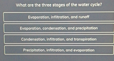 What are the three stages of the water cycle?
Evaporation, infiltration, and runoff
Evaporation, condensation, and precipitation
Condensation, infiltration, and transpiration
Precipitation, infiltration, and evaporation