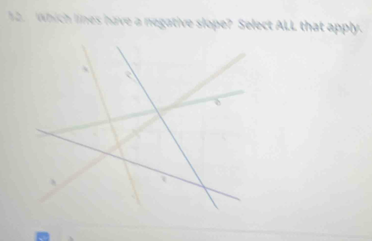 Which lines have a negative slope? Select ALL that apply.