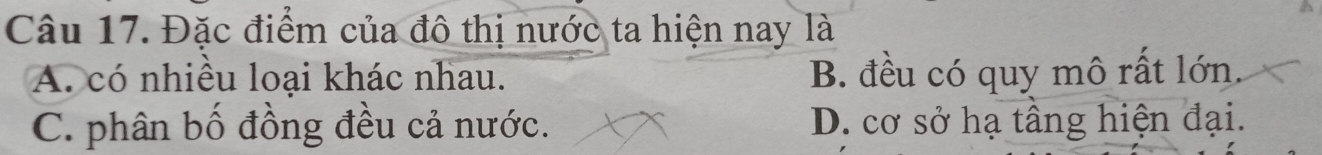 Đặc điểm của đô thị nước ta hiện nay là
A. có nhiều loại khác nhau. B. đều có quy mô rất lớn.
C. phân bố đồng đều cả nước. D. cơ sở hạ tầng hiện đại.