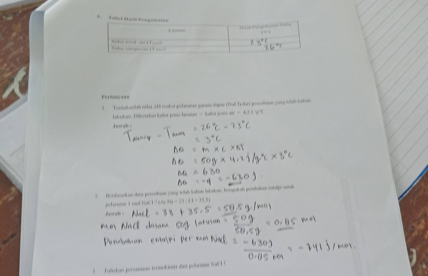 Pertanysan 
1. Tentukanlah nilai AH reakei pelarutan garam dapur (NaCl) dari persobaan yang welah kalian 
lakukan. Diketahui kalor jenis laruian = kalor jenis air =4.2J/mu°C
Jawah : 
2. Berdasarkan daia perenhaan yang telah kalian lakukan, berspakah perubahan entalpi untuk 
pelarutan 1 mol NaCl 7 (Ar Na=33(Cl-16,5)
Jawah : 
3. Tufskan persamaan termokimia dar pelarutan NaCl