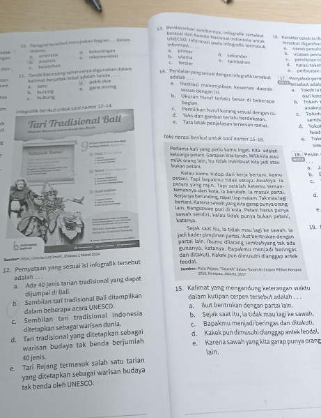 Berdasarkan sumbernya, infografík tersebut 16. Karakter tskoh la (B
berasal dan Komite Nasionaï Indoneșía untuk tervetut ditamba
20. Paragral tersobut merupakan bagian . . . dalam
UNECSO. informasí pada infografik termasuk
Grasú pem
informasi _ . _ . d. sekunder
A drenàn d. kekwrangan a. primes b. ucapan per  c    pemkérn
c. kelebihan e. rekomenday b. Wtama
tersi er e tambahan d. marasi tokoh
gàn b. analixis 14. Pennaian yang sesual dengan infograf  tersebut
11. Tanda baca vạng seharusnya digunakan dalam
perbuatan
adalah . . T.  Penwebab pern
a. sero kalimat bercotak tebal adalah tanda . . . . d. petik dua
a. Wustrasi menonjolkan kesemian daerah
c. hubung b. kuning e. garis miring
sesuaï dengan isi.
a. Tokohia
b. Ukuran huruf terialu besar di beberapa la. Toksh dari kotz
bagian
c. Pemilihan hurut kurang sesuai dengan isi. C. Tokor anakny
sh
d. Teks dan gambar terlalu berdekatan.
e. Tata letak penjelasan terkesan ramai. d. Toko sema
fead
Teks narasi berut untuk soal nomor 15-18.
<
e. Tak
Pertama kali yang perla kamu ingə. Kita adəah 18. Pesan Saw
keluarga petani. Garapan kita tanah. Mik kita stas
bukan petani. milik orang lain, itu tidak membuat kita jadi atau
Kalau kamu hidup dar kerja bertani, kamu a. ↓
b.ī
petani. Tapi bapakmu tidak setuju. Awalnya ia C.
petani yang rajin. Tapi setelah ketemu teman.
temannya dari kota, ia berubah. la masuk partal. d.
Kerjanya berunding, raçat tiap malam. Tak mau lagi
bertani. Karena sawah yang kita garap purya orang
lain, Bangsawan puri di kota. Petani harus punya  e.
katanya. sawah sendiri, kalau tidak punya bukan petani,
Sejak saat itu, la tidak mau lagi ke sawah. la 19.
jadi kader pimpinan partaï. Ikut bentrokan đengan
partai lain. Ibumu dilarang sembahyang tak ada
gunanya, katanya. Bapakmu menjadi beringas
Sumberz httpc ahorzuni gt ümpL, disk
dan ditakuti. Kakek pun dimusuhi dianggap antek
12. Pernyataan yang sesuai isi infografik tersebut feodal .
Sumber Pitto Wijiria, ''Sejassh'' dalars Tonoh Air Cerpen Piiken Konspar
2606, Kompæs, Jskarta, 1857
adalah . . .
a. Ada 40 jenis tarian tradisional yang dapat
dijumpaī di Bali.
15. Kalimat yang mengandung keterangan waktu
b. Sembilan tari tradisional Bali ditampilkan dalam kutipan cerpen tersebut adalah . . .
dalam beberapa acara UNESCO.
a. Ikut bentrokan dengan partai lain.
c. Sembilan tari tradisional Indonesia b. Sejak saat itu, la tidak mau lagi ke sawah.
ditetapkan sebagai warisan dunia. c. Bapakmu menjadi beringas dan ditakuti.
d. Tari tradisional yang ditetapkan sebagai d. Kakek pun dimusuhi dianggap antek feodal.
warisan budaya tak benda berjumlah e. Karena sawah yang kita garap punya orang
40 jenis. lain.
e. Tari Rejang termasuk salah satu tarian
tak benda oleh UNESCO. yang ditetapkan sebagai warisan budaya