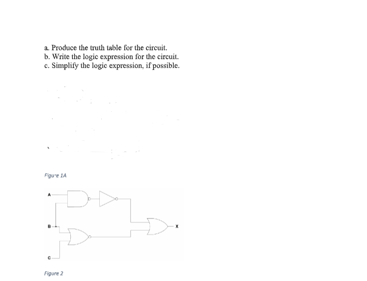 Produce the truth table for the circuit. 
b. Write the logic expression for the circuit. 
c. Simplify the logic expression, if possible. 
' 
Figure 1A 
Figure 2