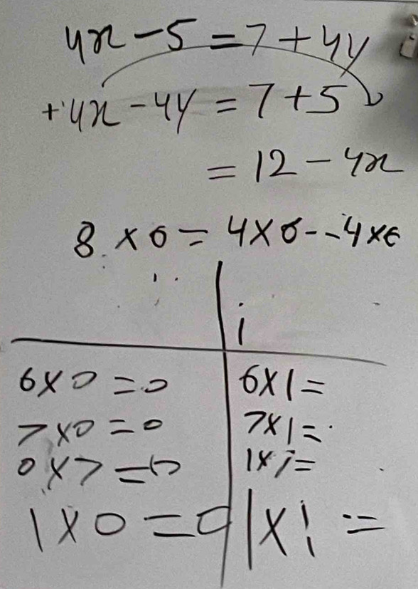 4x-5=7+4y
+4x-4y=7+5
=12-4x
8* 0=4* 0-4* 6