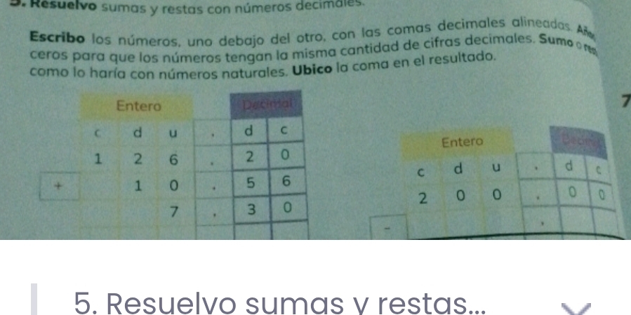 Resuelvo sumas y restas con números decimales. 
Escribo los números, uno debajo del otro, con las comas decimales alineadas. Añ 
ceros para que los números tengan la misma cantidad de cifras decimales. Sumo or 
como lo haría con números naturales. Ubico la coma en el resultado. 
7 

+ 
5. Resuelvo sumas v restas...