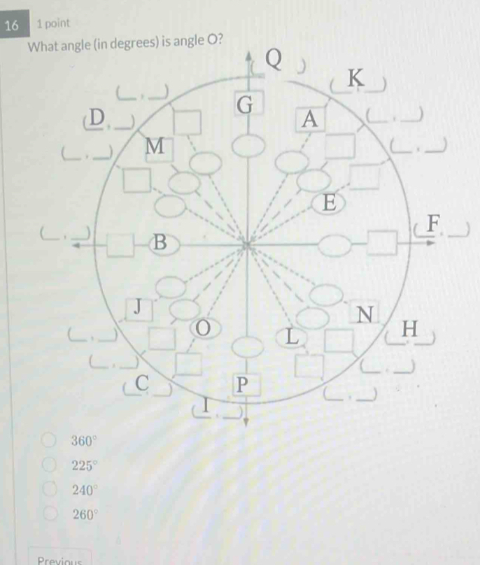 16 1 point
?
360°
225°
240°
260°
Previous