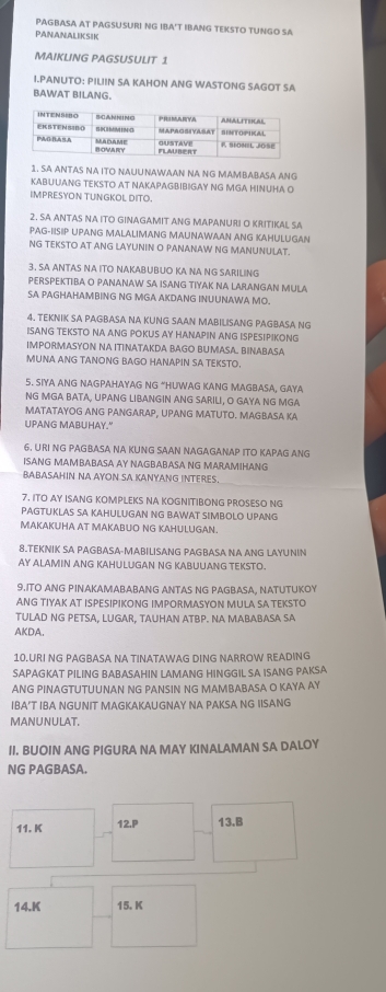 PAGBASA AT PAGSUSURI NG IBA'T IBANG TEKSTO TUNGO SA
PANANALIKSIK
MAIKLING PAGSUSULIT 1
I.PANUTO: PILIIN SA KAHON ANG WASTONG SAGOT SA
BAWAT BILANG.
1. SA ANTAS NA ITO NAUUNAWAAN NA NG MAMBABASA ANG
KABUUANG TEKSTO AT NAKAPAGBIBIGAY NG MGA HINUHA O
IMPRESYON TUNGKOL DITO.
2. SA ANTAS NA ITO GINAGAMIT ANG MAPANURI O KRITIKA SA
PAG-IISIP UPANG MALALIMANG MAUNAWAAN ANG KAHULUGAN
NG TEKSTO AT ANG LAYUNIN O PANANAW NG MANUNULAT.
3. SA ANTAS NA ITO NAKABUBUO KA NA NG SARILING
PERSPEKTIBA O PANANAW SA ISANG TIYAK NA LARANGAN MULA
SA PAGHAHAMBING NG MGA AKDANG INUUNAWA MO.
4, TEKNIK SA PAGBASA NA KUNG SAAN MABILISANG PAGBASA NG
ISANG TEKSTO NA ANG POKUS AY HANAPIN ANG ISPESIPIKONG
IMPORMASYON NA ITINATAKDA BAGO BUMASA. BINABASA
MUNA ANG TANONG BAGO HANAPIN SA TEKSTO.
5. SIYA ANG NAGPAHAYAG NG “HUWAG KANG MAGBASA, GAYA
NG MGA BATA, UPANG LIBANGIN ANG SARILI, O GAYA NG MGA
MATATAYOG ANG PANGARAP, UPANG MATUTO. MAGBASA KA
UPANG MABUHAY."
6. URI NG PAGBASA NA KUNG SAAN NAGAGANAP ITO KAPAG ANG
ISANG MAMBABASA AY NAGBABASA NG MARAMIHANG
BABASAHIN NA AYON SA KANYANG INTERES.
7. ITO AY ISANG KOMPLEKS NA KOGNITIBONG PROSESO NG
PAGTUKLAS SA KAHULUGAN NG BAWAT SIMBOLO UPANG
MAKAKUHA AT MAKABUO NG KAHULUGAN.
8.TEKNIK SA PAGBASA-MABILISANG PAGBASA NA ANG LAYUNIN
AY ALAMIN ANG KAHULUGAN NG KABUUANG TEKSTO.
9.ITO ANG PINAKAMABABANG ANTAS NG PAGBASA, NATUTUKOY
ANG TIYAK AT ISPESIPIKONG IMPORMASYON MULA SA TEKSTO
TULAD NG PETSA, LUGAR, TAUHAN ATBP. NA MABABASA SA
AKDA.
10.URI NG PAGBASA NA TINATAWAG DING NARROW READING
SAPAGKAT PILING BABASAHIN LAMANG HINGGIL SA ISANG PAKSA
ANG PINAGTUTUUNAN NG PANSIN NG MAMBABASA O KAYA AY
IBA’T IBA NGUNIT MAGKAKAUGNAY NA PAKSA NG IISANG
MANUNULAT.
II. BUOIN ANG PIGURA NA MAY KINALAMAN SA DALOY
NG PAGBASA.
11. K 12.P 13.B
14.K 15. K