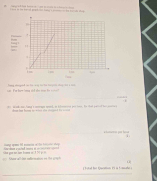 Jang lefl fer house at I pon to vvele to a boecle chn 
i leve is the tewod graph for Jong's jouery to the bocycls shop. 
Jiang stopped on the way to the bicyule shep for a rest. 
(a) For how long did she stop for a reu? 
_ 
(1) 
(A) Wark out Nang's average speed, in kidomettes per hour, for that pan of her joure 
dow hur home to when she stopped for a mst . 
_ kilometres per hour (2) 
Jiang sperx 40 minutes at the bicycle shop 
She got to her home at 3 30 p.m She thes cycled hoese at a constant speed 
(c) Show all this information on the graphs. 
(2) 
(Total for Question 15 is 5 marks) 
_