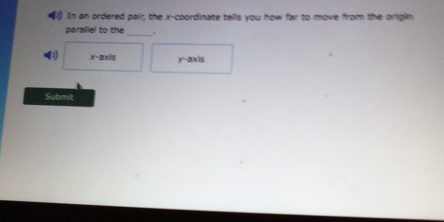 In an ordered pair, the x-coordinate tells you how far to move from the origin 
paraliel to the _.
x-axis
y-axis 
Submit