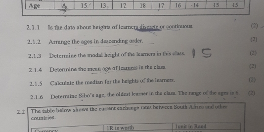 Is the data about heights of learners discrete or continuous. (2) 
2.1.2 Arrange the ages in descending order. (2) 
2.1.3 Determine the modal height of the learners in this class. (2) 
2.1.4 Determine the mean age of learners in the class. 
(2) 
2.1.5 Calculate the median for the heights of the learners. (2) 
2.1.6 Determine Sibo’s age, the oldest learner in the class. The range of the ages is 6. (2) 
2.2 The table below shows the current exchange rates between South Africa and other 
countries.