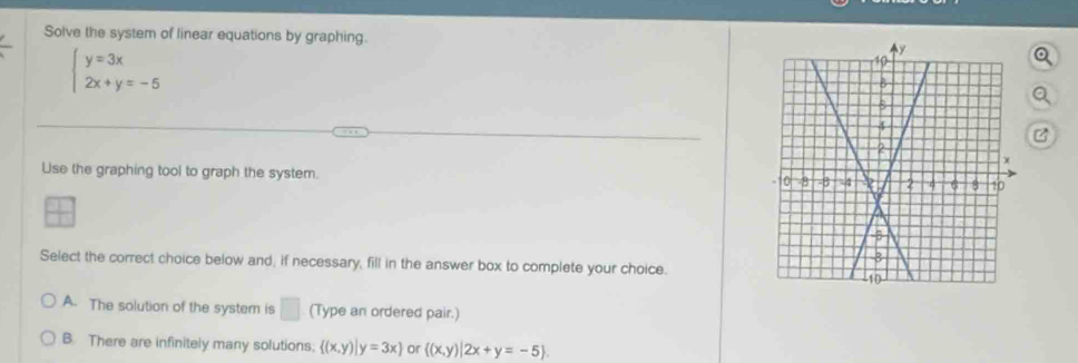 Solve the system of linear equations by graphing.
beginarrayl y=3x 2x+y=-5endarray.
z
Use the graphing tool to graph the system.
Select the correct choice below and, if necessary, fill in the answer box to complete your choice.
A. The solution of the system is □ (Type an ordered pair.)
B There are infinitely many solutions,  (x,y)|y=3x or  (x,y)|2x+y=-5.