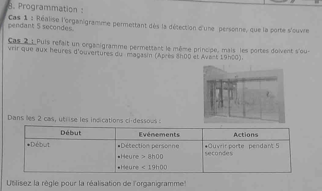 Programmation : 
Cas 1 : Réalise l'organigramme permettant dès la détection d'une personne, que la porte s'ouvre 
pendant 5 secondes. 
Cas 2 : Puis refait un organigramme permettant le même principe, mais les portes doivent s'ou- 
vrir que aux heures d'ouvertures du magasin (Après 8h00 et Avant 19h00). 
Dans les 2 cas, utilise les indications ci-dessous : 
Début Evénements Actions 
Début Détection personn •Ouvrir porte pendant 5
Heure 8h00
secondes 
•Heure <19h00</tex> 
Utilisez la règle pour la réalisation de l'organigramme!