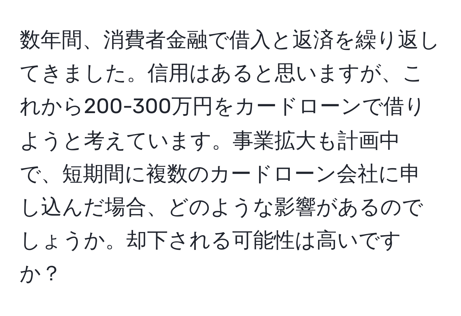 数年間、消費者金融で借入と返済を繰り返してきました。信用はあると思いますが、これから200-300万円をカードローンで借りようと考えています。事業拡大も計画中で、短期間に複数のカードローン会社に申し込んだ場合、どのような影響があるのでしょうか。却下される可能性は高いですか？