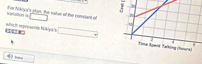 For Nikiya's plan, the value of the constant of 
variation is □
which represents Nikiya's □ 
DONE 
Intro