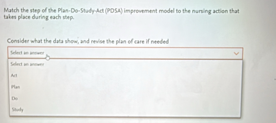 Solved: Match the step of the Plan-Do-Study-Act (PDSA) improvement ...