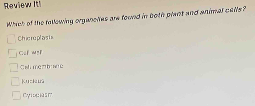 Review It!
Which of the following organelles are found in both plant and animal cells?
Chloroplasts
Cell wall
Cell membrane
Nucleus
Cytoplasm