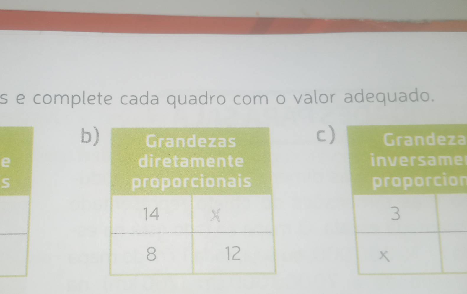 complete cada quadro com o valor adequado. 
b) 
c) 
a 
e e 
S n