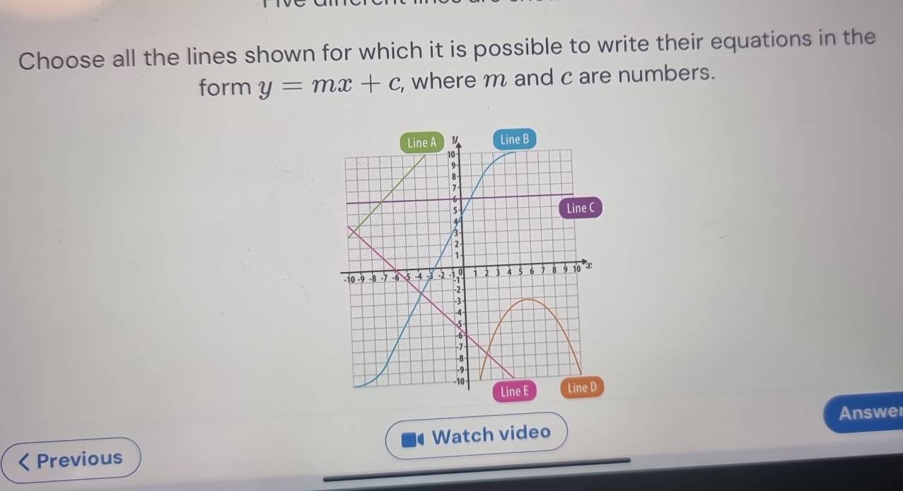 Choose all the lines shown for which it is possible to write their equations in the 
form y=mx+c , where m and c are numbers. 
Line A y Line B
9
7
6
5 - 
Line C
-10 -9 -8 -7 -6 5 -4 -3 -2 -5,° 1 2 3 4 5 6 7 8 9 10 x
-2
-3
-4
5
-6
-8
-9
-10 Line E Line D
Previous Watch video Answer