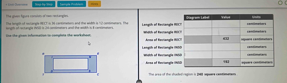 < Unit Overview Step-by-Step Sample Problem Hints
The given figure consists of two rectangles. 
The length of rectangle  RECT is 36 centimeters and the width is 12 centimeters. The
length of rectangle INSD is 24 centimeters and the width is 8 centimeters. Length of Rectangle RE
Width of Rectangle RE
Use the given information to complete the worksheet.
Area of Rectangle RE
Length of Rectangle IN
Width of Rectangle IN

Area of Rectangle IN
The area of the shaded region is 240 square centimeters.