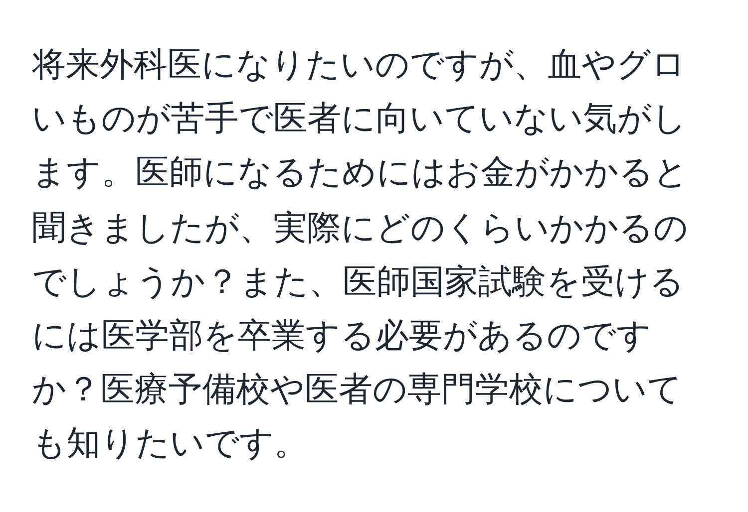 将来外科医になりたいのですが、血やグロいものが苦手で医者に向いていない気がします。医師になるためにはお金がかかると聞きましたが、実際にどのくらいかかるのでしょうか？また、医師国家試験を受けるには医学部を卒業する必要があるのですか？医療予備校や医者の専門学校についても知りたいです。