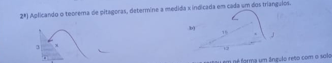 2^8) Aplicando o teorema de pitagoras, determine a medida x indicada em cada um dos triangulos. 
3 
em né forma um ângulo reto com o solo