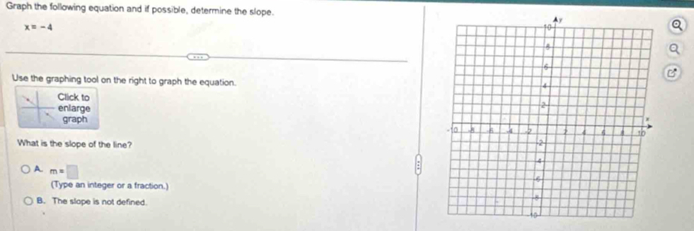 Graph the following equation and if possible, determine the slope.
x=-4
a
B
Use the graphing tool on the right to graph the equation.
Click to 
enlarge
graph 
What is the slope of the line?
A m=□
(Type an integer or a fraction.)
B. The slape is not defined.