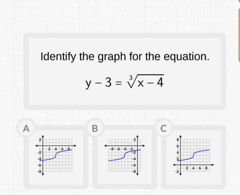 Identify the graph for the equation.
y-3=sqrt[3](x-4)
A
B
C