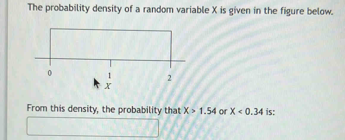 The probability density of a random variable X is given in the figure below. 
From this density, the probability that X>1.54 or X<0.34 is: