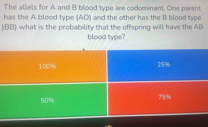 Solved: The allels for A and B blood type are codominant. One parent ...