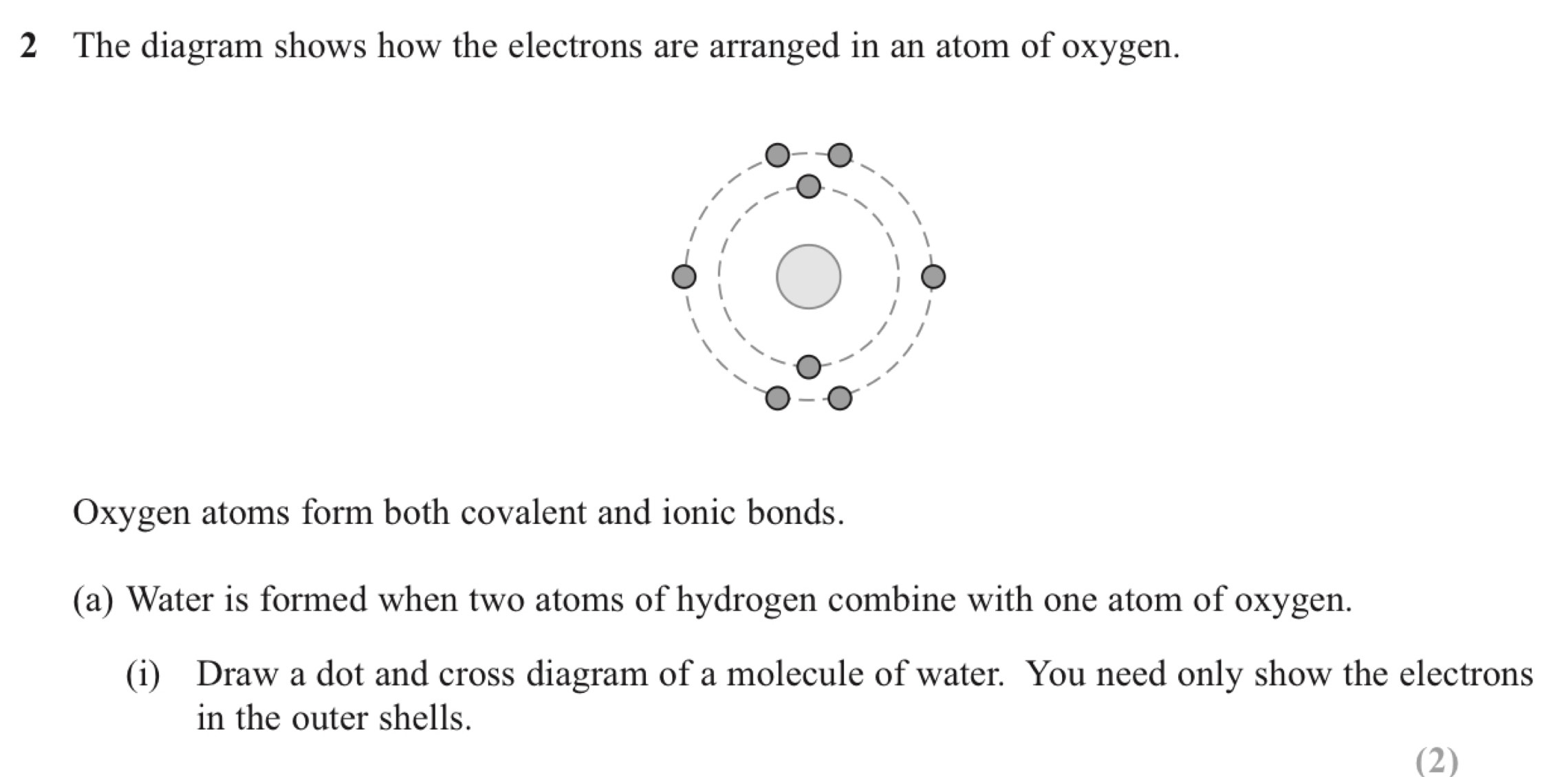 The diagram shows how the electrons are arranged in an atom of oxygen. 
Oxygen atoms form both covalent and ionic bonds. 
(a) Water is formed when two atoms of hydrogen combine with one atom of oxygen. 
(i) Draw a dot and cross diagram of a molecule of water. You need only show the electrons 
in the outer shells. 
(2)