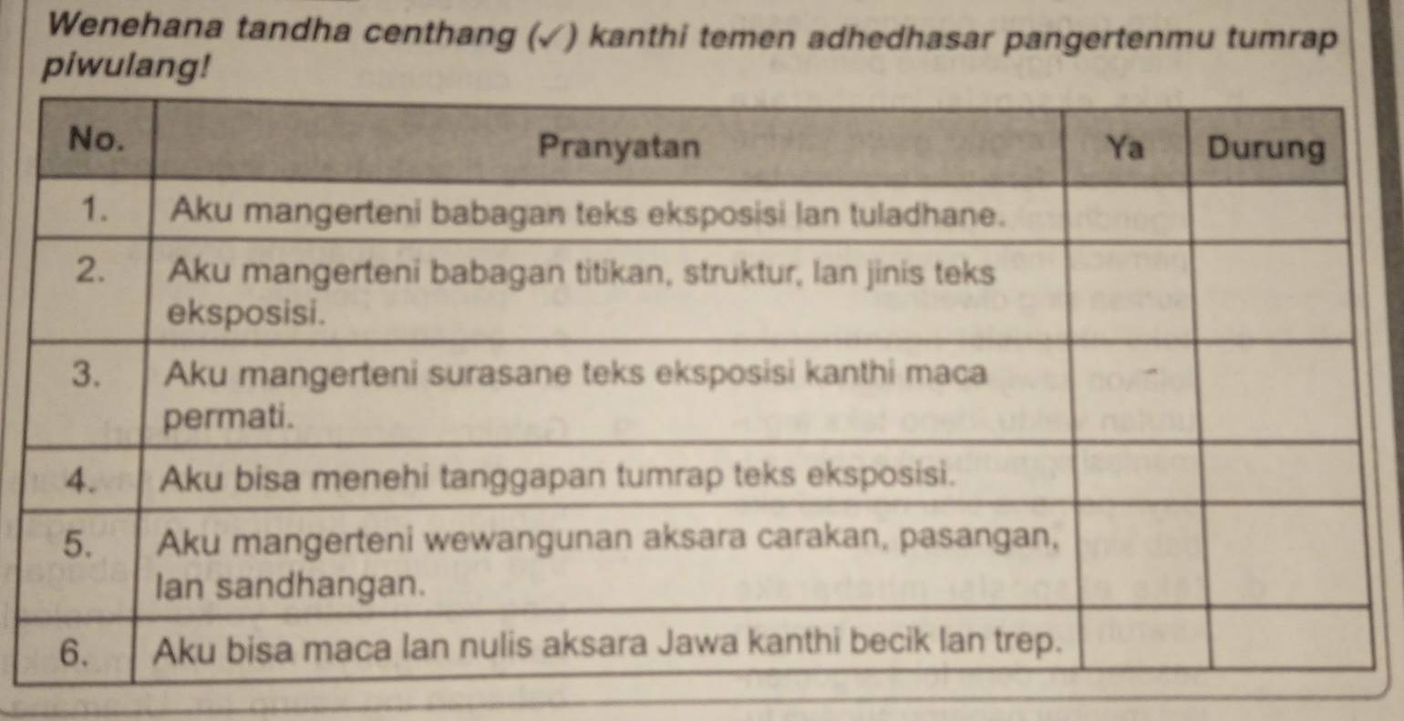 Wenehana tandha centhang (√) kanthi temen adhedhasar pangertenmu tumrap 
piwulang!