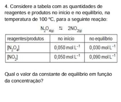 Considere a tabela com as quantidades de
reagentes e produtos no início e no equilíbrio, na
temperatura de 100°C , para a seguinte reação:
N_2O_4(g)=2NO_2(g)
Qual o valor da constante de equilíbrio em função
da concentração?